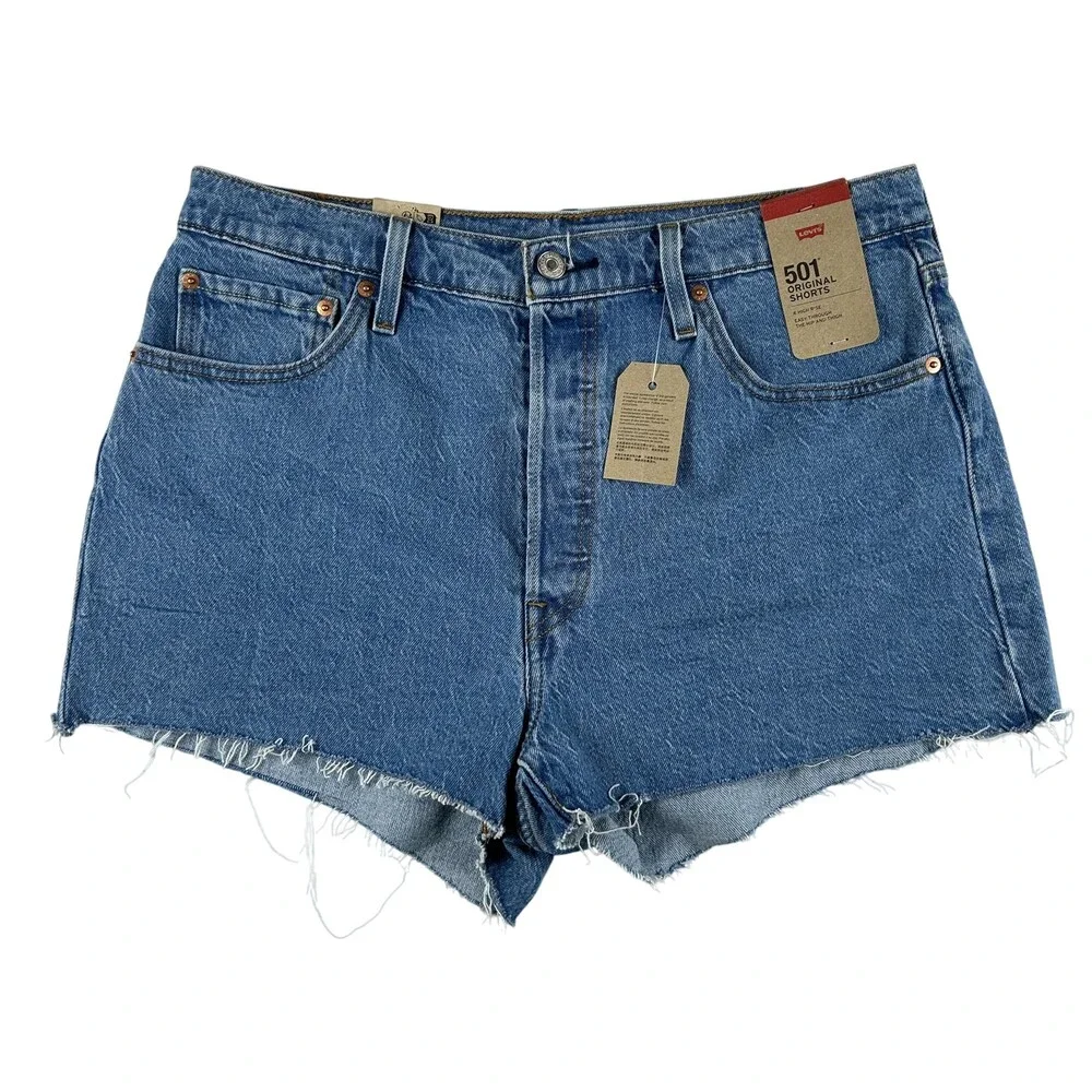 Levi's 501 Shorts Womens 34 Blue Denim High Rise Cutoff Button Fly Raw Hem